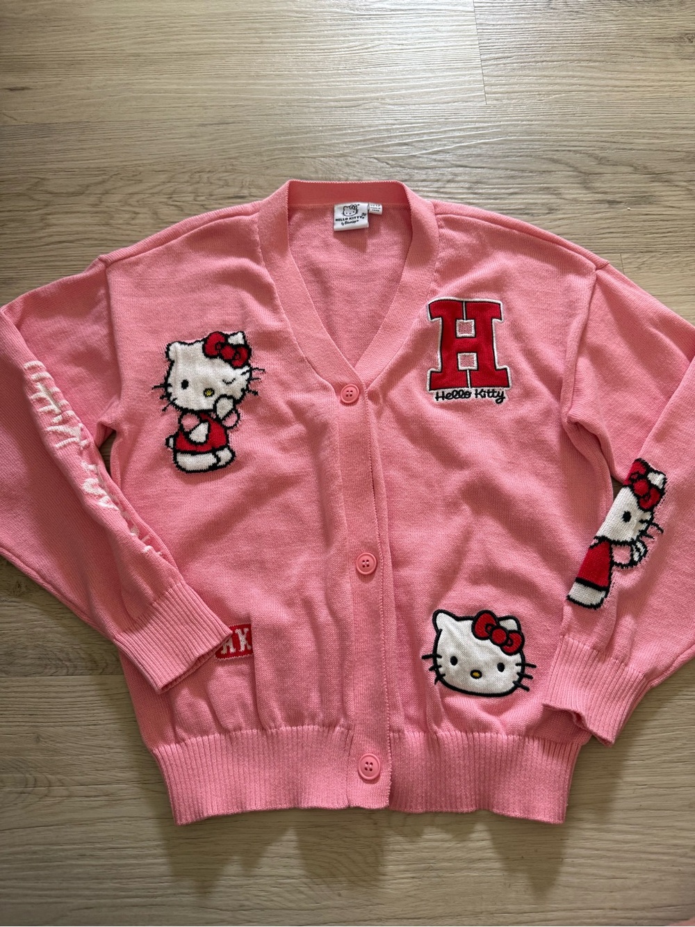Hello Kitty Sanrio Knit Embroidered Cardigan Girls Size 11/12 Pink Letterman “H”